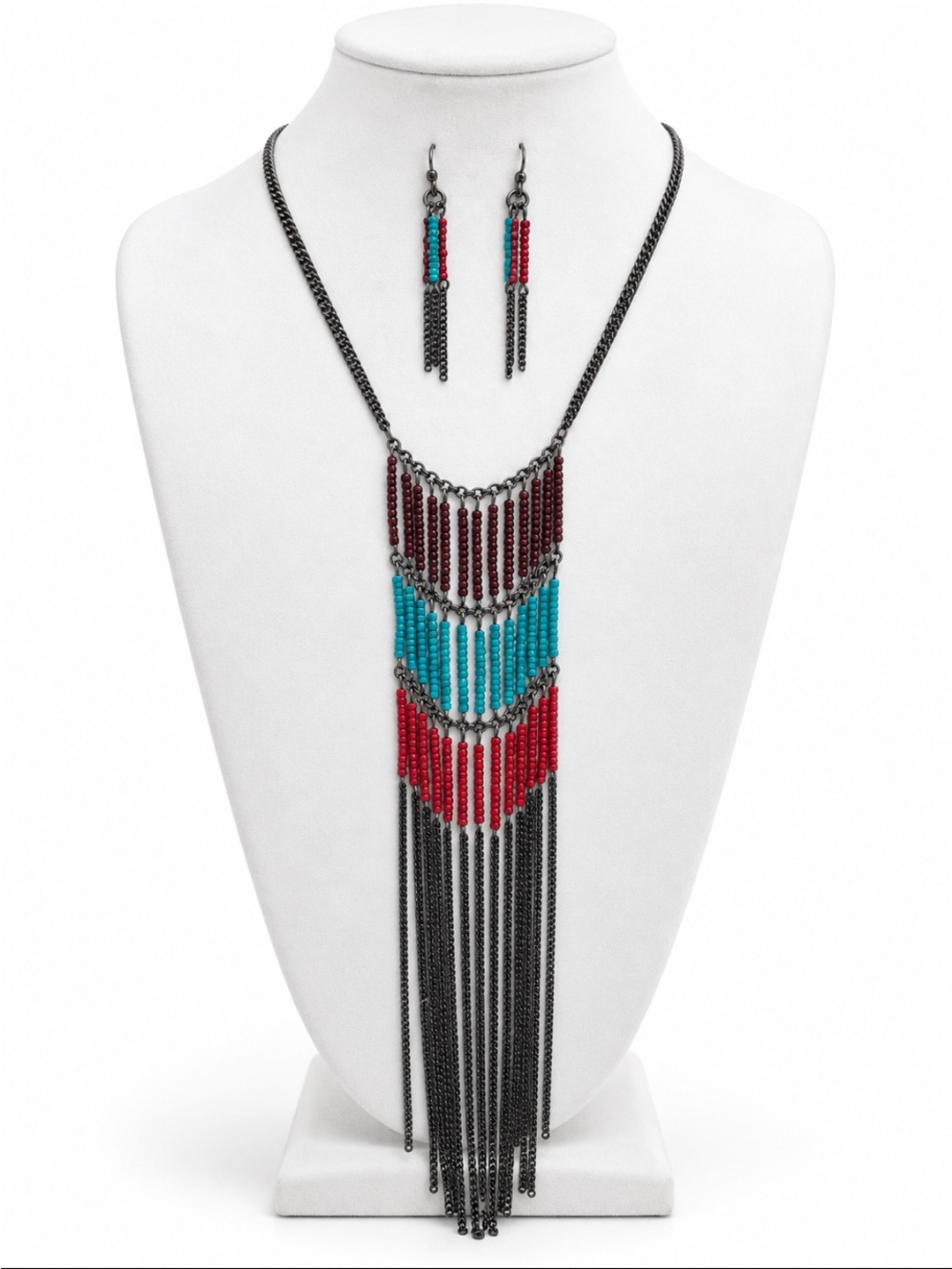 Gunmetal Red & Turquoise Beaded Fringe Necklace and Earring Set
